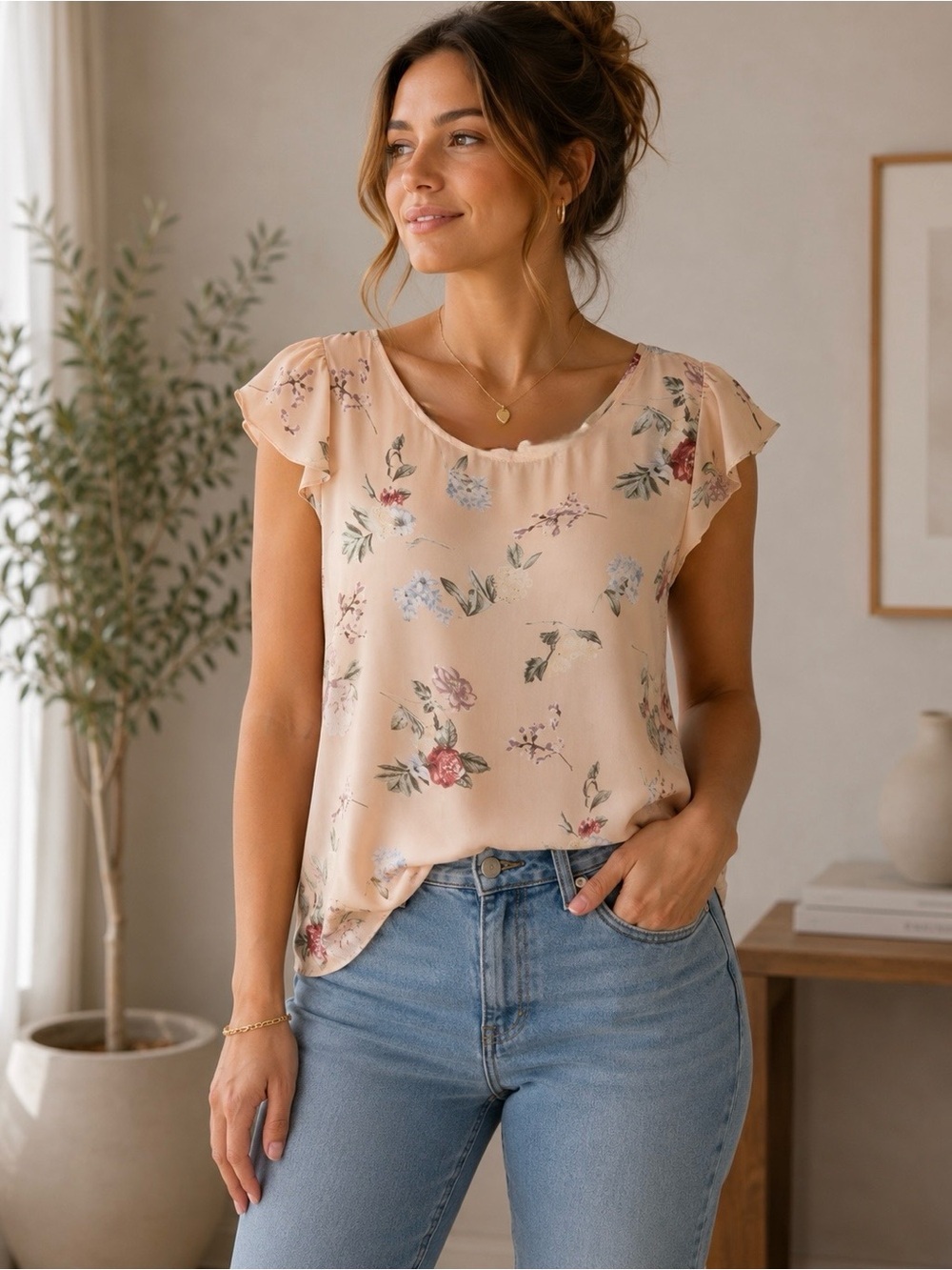 Jella C. Pastel Pink Cream Floral Blouse Size M Cottagecore Romantic Feminine